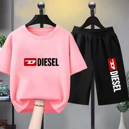 Boys Girls Age 3-12 Tee+shorts Suit Children Short Sleeve T-shirts Casual Pink Black Fashion Summer Child Loose Clothes
