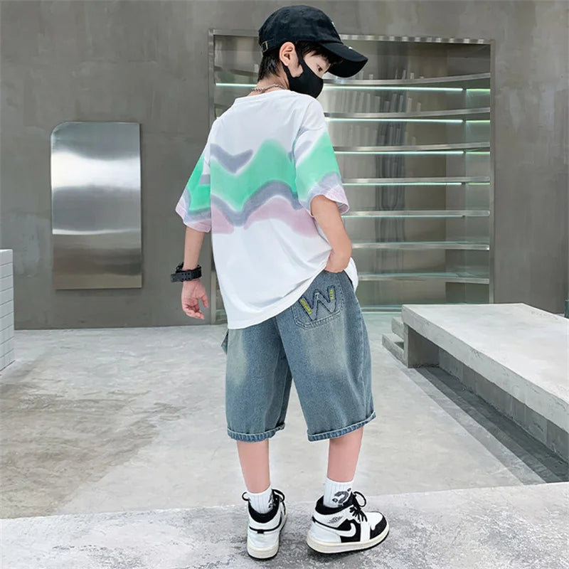Summer Boy Denim Shorts and Top Clothes Set Outfit Kids Fashion 2-Piece Suit Korean Children Streetwear Tracksuit 5 6 7 9 10 14Y