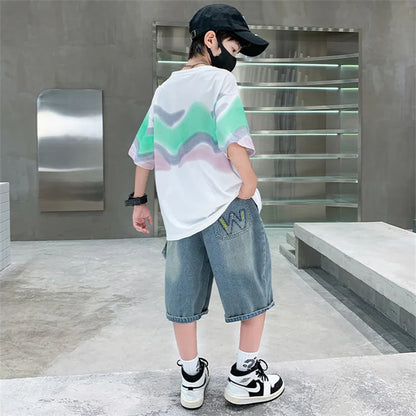 Summer Boy Denim Shorts and Top Clothes Set Outfit Kids Fashion 2-Piece Suit Korean Children Streetwear Tracksuit 5 6 7 9 10 14Y