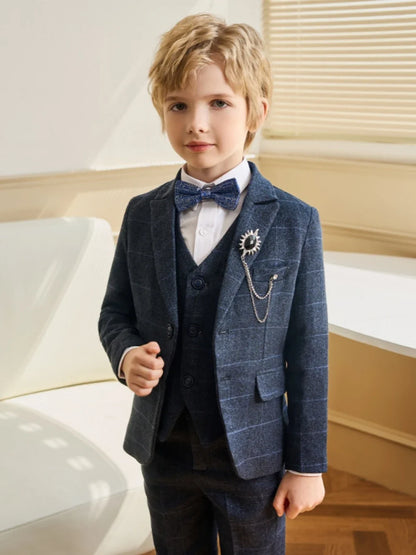 Dark Blue Boys Plaid Suit Set 4 Pieces,Formal Long Sleeve Kids Suits For Autumn And Winter,Handsome Children's Tuxedo