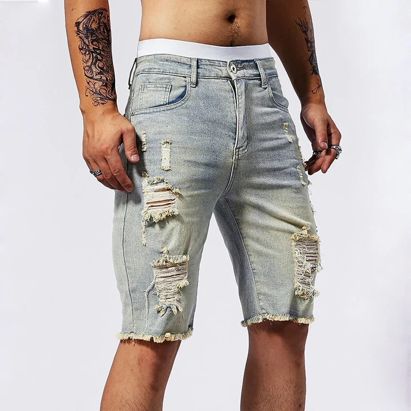 Vintage Denim Shorts Men's American Stretch Slim Jeans Fashion Ripped Streetwear Male Hole Frayed Short Pants Blue Black