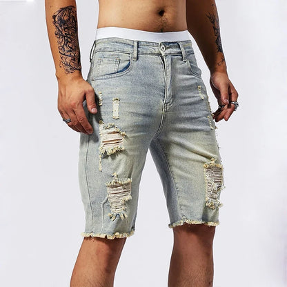 Vintage Denim Shorts Men's American Stretch Slim Jeans Fashion Ripped Streetwear Male Hole Frayed Short Pants Blue Black