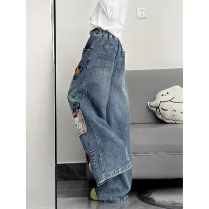 Retro American Cartoon Floing Embroidery Jeans Men Women Cleanfit Waed Loose Wide Leg Pants Couples Casual Loose Fit