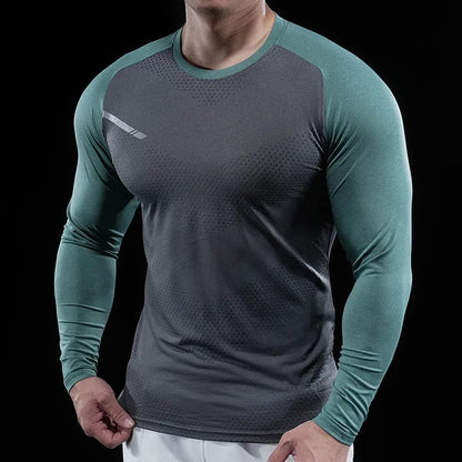 Autumn Winter Men Gym Fitness Display Long Sleeve T-Shirt Crew Neck Elastic Moisture Wicking Tights Running Training Bottom Top