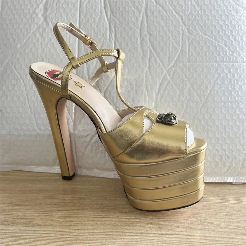 2026 Women's Round Head Sandals Thin Heels 5cm Thick Bottom Slope Heel Fish Mouth Rivet Sandal T-Platform Sandals Size34-43