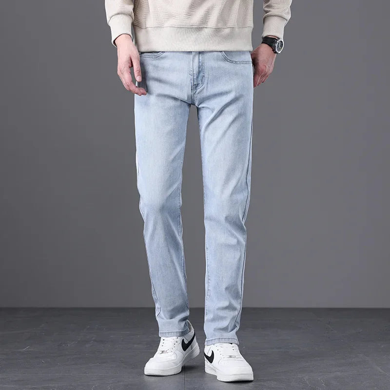 Classic Men Vintage Cloth High Waist Trousers 2024 Autumn Loose Straight Stretch Wash Jeans High Quality Sky Blue Brand Pants