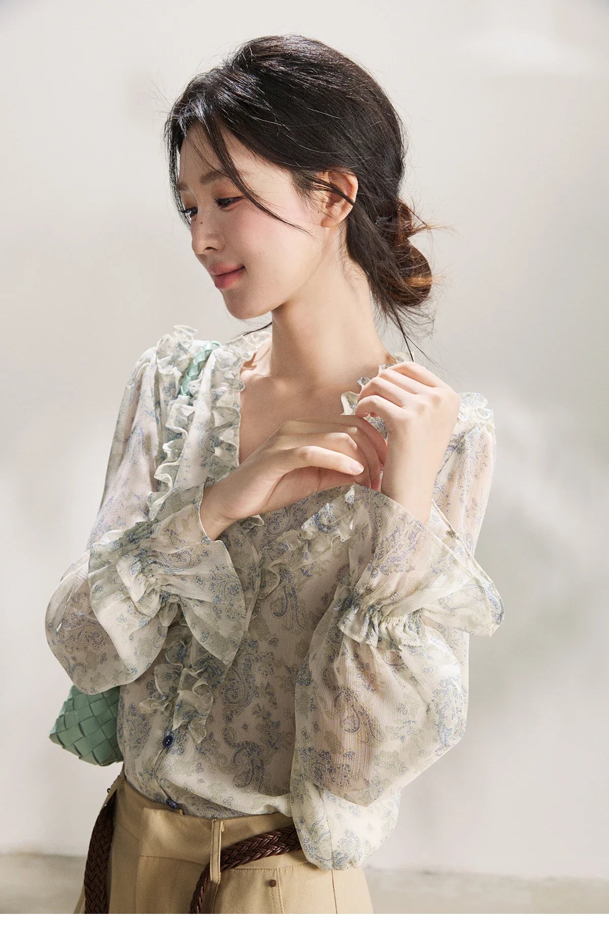 Women's Light Blue Paisley Print Ruffle Blouse V-neck Sheer Long Sleeve Chiffon Shirt Casual Summer Wear MXF13X2549