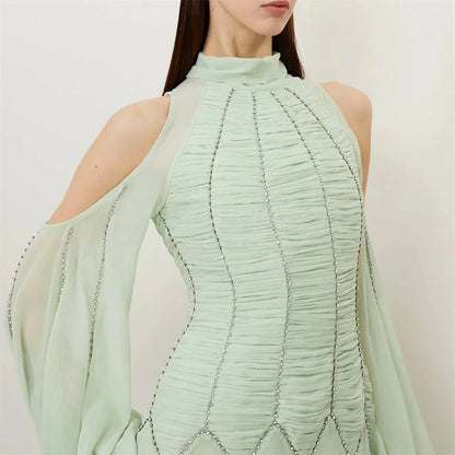 Customized Exquisite Prom Dress Chiffon Pleat Draped Rhinestone A-line High Collar Midi Dresses Occasion Party Gown for Women
