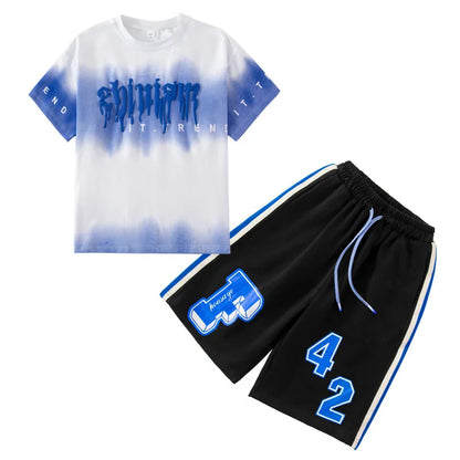 Summer Boys Cotton Alphabet Tie Dye t-Shirt Tops+Sweat Shorts Pant School Kids Tracksuit Child 2PCS Outfit Workout Set 5-16Years