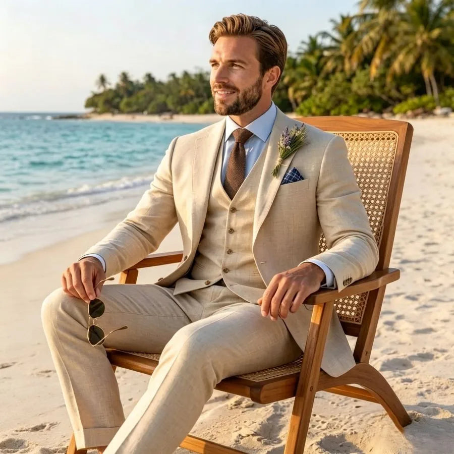 Beige Linen Wedding Suit 3 Piece Set Beach Groom Lightweight Summer Mens Suits Casual Outdoor Fashion Breathable Trousers Vest