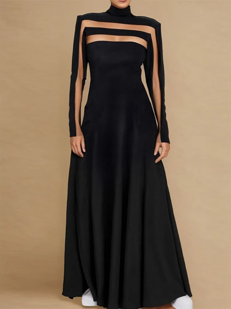 Freeacy Women's Black High Neck Long Sleeve High Waist Flared Maxi Gown See-through High-End Evening Dresses 2026 Party Dress