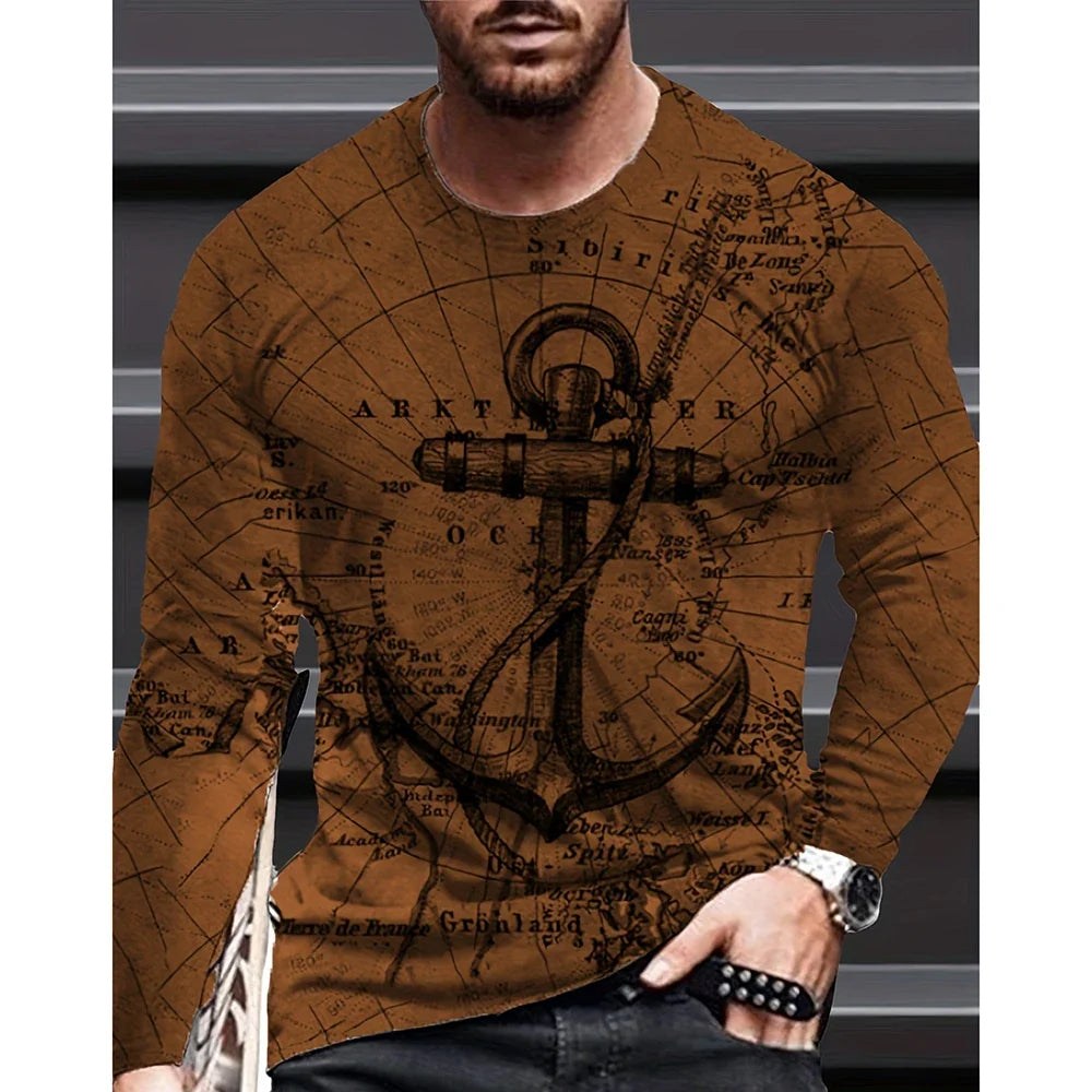 2023 Vintage Men's T Shirt Cotton Cross Pattern Long Sleeve 3D Clothing Nautical Map Print Street Harajuku Oversized