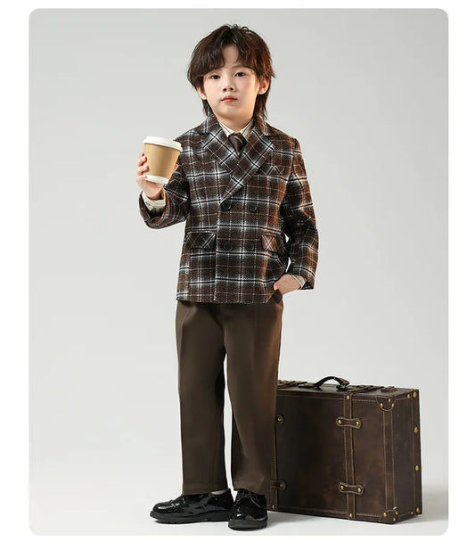 Boys British Double Breasted Blazer Jacket Pants Children Suit Waistcoat Wedding Clothes Sets Toddler Formal Dress Kids Tuxedos