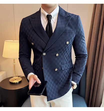 6 Color Luxury Double Breasted Blazers Coats 2024 New Fashion Checkered Business Slim Fit Social   Formal Suit Jacket 5XL-M