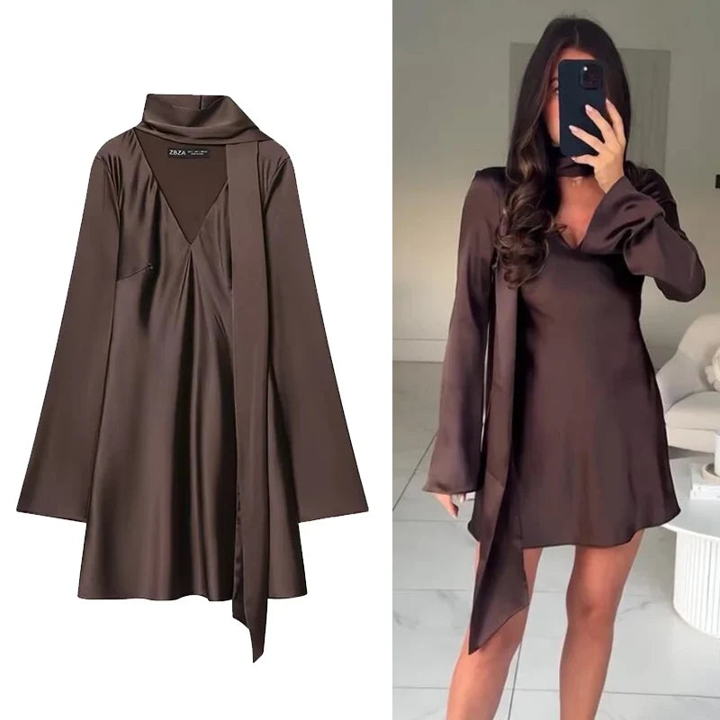 Women Fashion Satin Elegant Short Dress Summer Autumn New Long Sleeve Scarf V neck Mini Dress Female Elegant Party Dresses