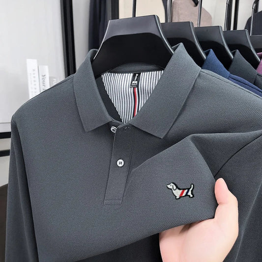 100% pure cotton autumn high-end luxury men's brand long sleeved polo shirt original embroidered dog design golf top T-shirt