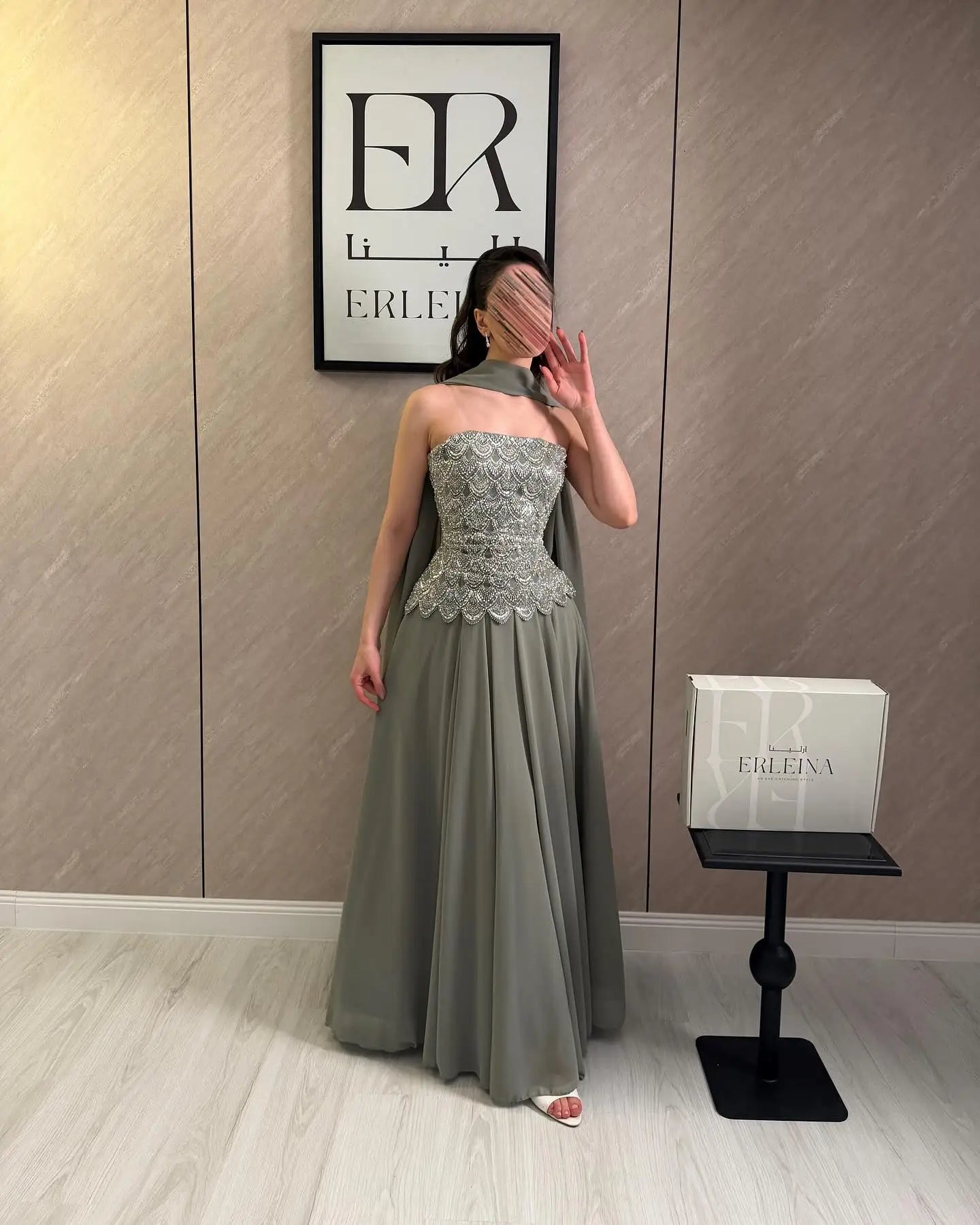 Custom Classic Evening Dress Strapless Beaded Bodice Robes De Soirée Sage Cape Shawl Bridesmaid Dress Maxi Floor Length