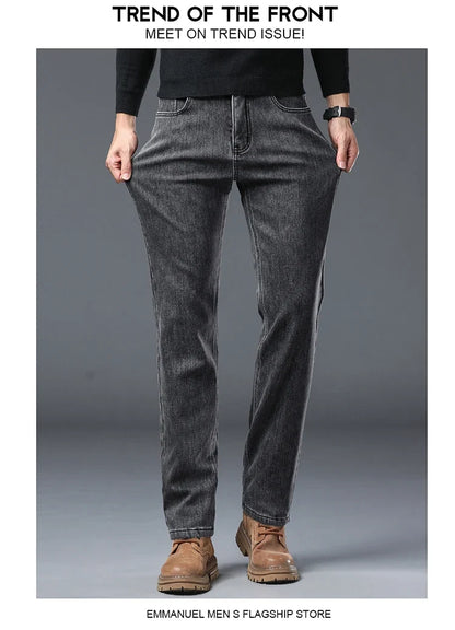 Winter Warm Jeans Men's Slim Straight Elastic Denim Pants Casual Male Clothing Fashion Plush Trousers New Hot Sale Fashion Jeans