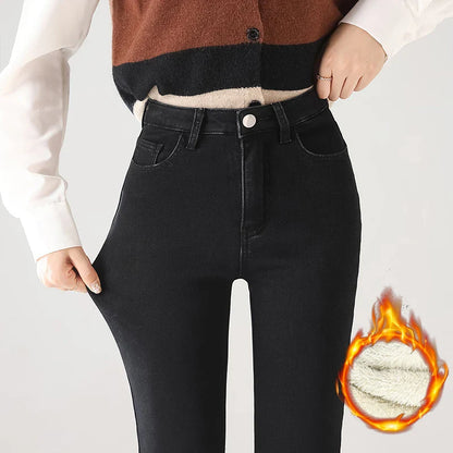 Winter Warm Jeans Women's Thickened Soft Comfortable Elastic Denim Pants Fashion Korean Straight Female Velvet Warm Clothing