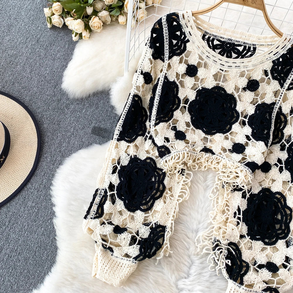 Hook Flower Hollow Out Tops Women Long Lantern Sleeves Tassels Vintage Bohemian Loose Beachwear Hotsweet Knit Blouse