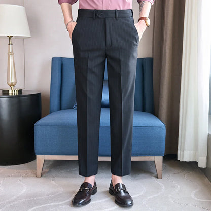 Men's Elastic Waist Striped Suit Pants 2025 New Social Casual Trousers Slim Fit Suit Pants Business Office Wedding Men Clothing