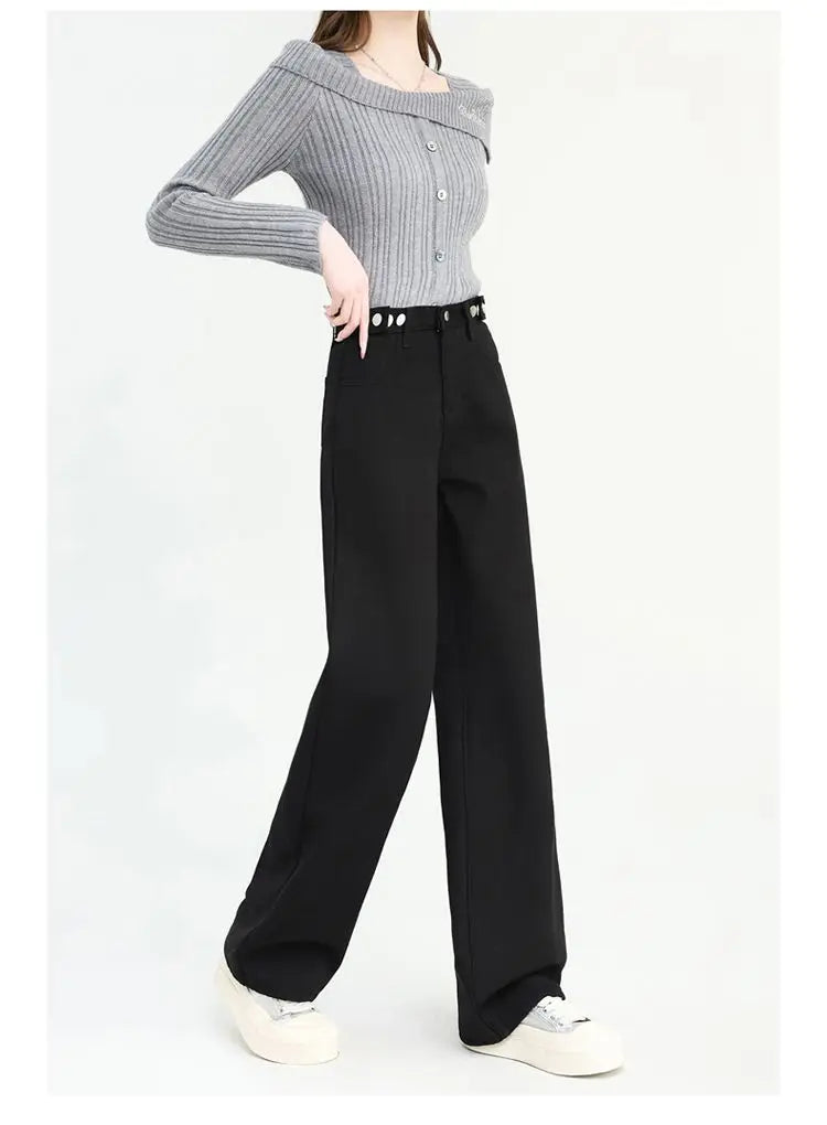 Winter Thick Warm Womens High Waist Jeans Fleece Lined Loose Fit Wide Leg Trousers Korean Style Stretchy Adjustable Waist  Jeans