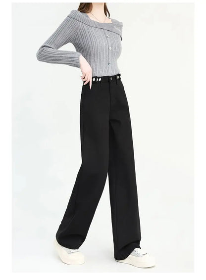 Winter Thick Warm Womens High Waist Jeans Fleece Lined Loose Fit Wide Leg Trousers Korean Style Stretchy Adjustable Waist  Jeans