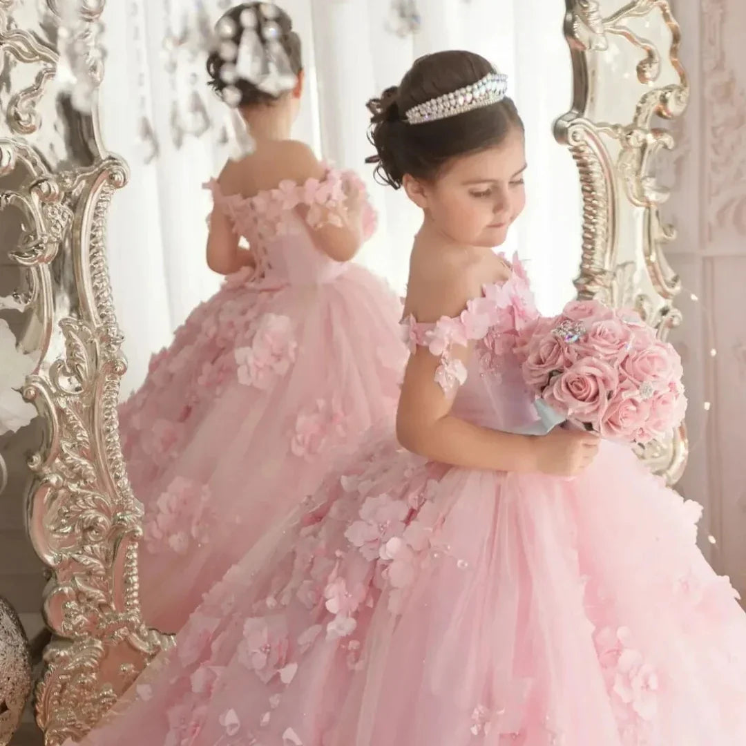 Pink 3d Applique Flower Girl Dress For Wedding Off Shoulder Luxurious Pearls Tulle Child First Eucharistic Birthday Party Dress
