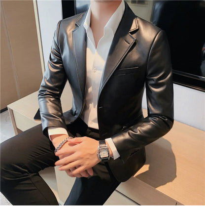 Men's Leather Jacket 2024 Autumn Highend Fashion Solid Slim Fit Business Blazers Coats Korean Casual PU Leather Suit Tuxedo