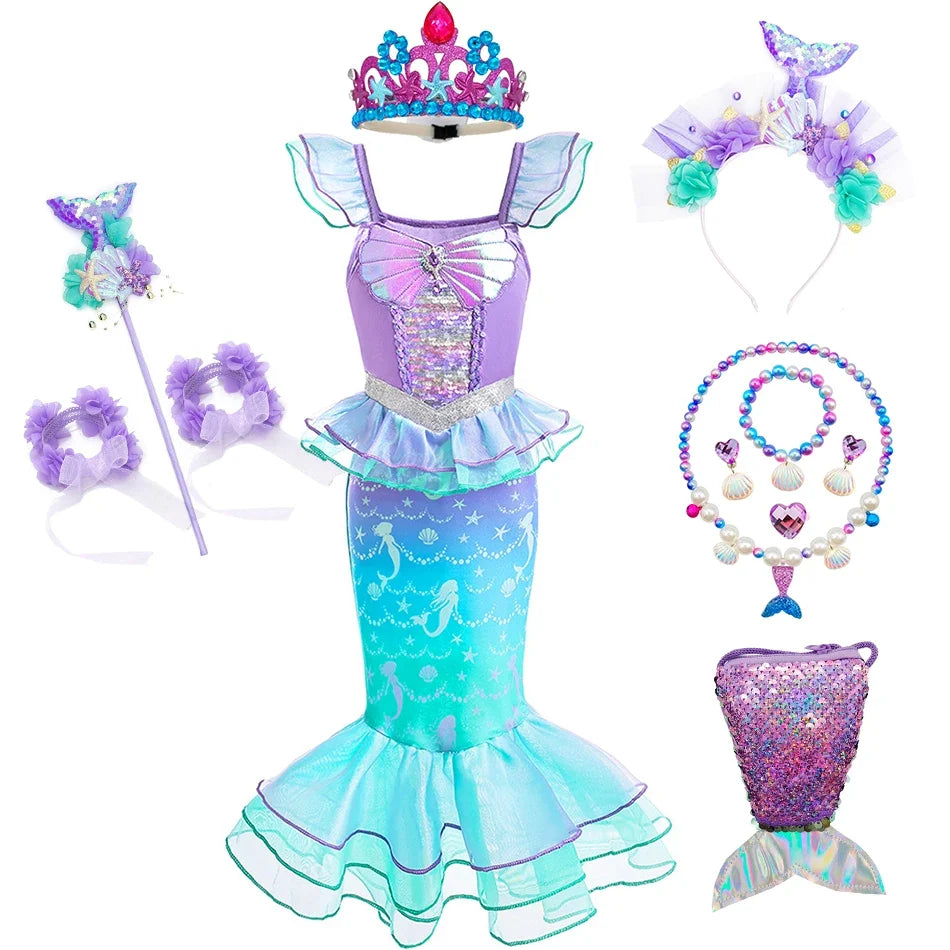 Halloween Costume Mermaid Dress Girl Ruffles Shell Fishtail Frocks Ariel Fantasy Luxury Princess Gown Children Fancy Fairy Dress