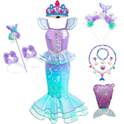 Halloween Costume Mermaid Dress Girl Ruffles Shell Fishtail Frocks Ariel Fantasy Luxury Princess Gown Children Fancy Fairy Dress
