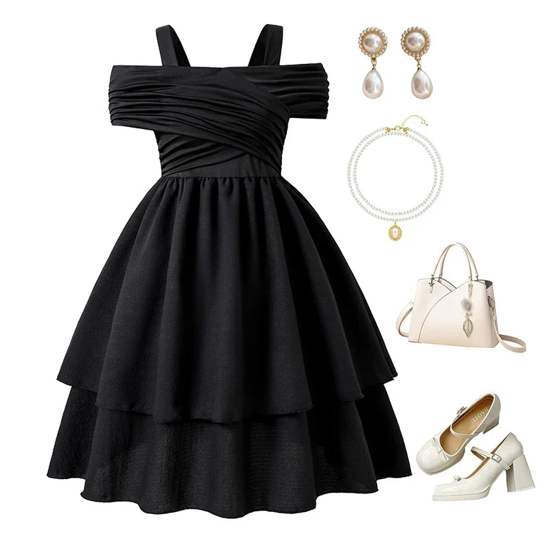 Kids Dress For Girls Black Solid Color Sling Short Sleeve Ruched Tiered Dress 8-12 Years Summer Frenchy Simple Style Elegant