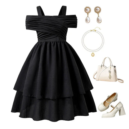 Kids Dress For Girls Black Solid Color Sling Short Sleeve Ruched Tiered Dress 8-12 Years Summer Frenchy Simple Style Elegant