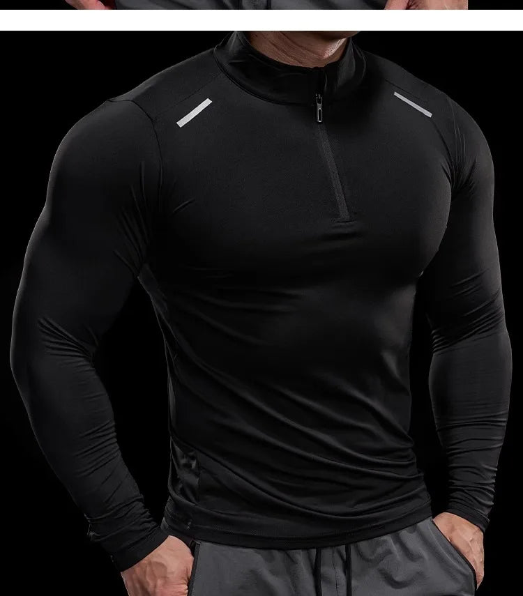 Men Long Sleeve Stand Collar Zipper T-shirt Gym Running Training Fitness Bodybuilding Sport Top Quality Elastic Tight Tops Tees