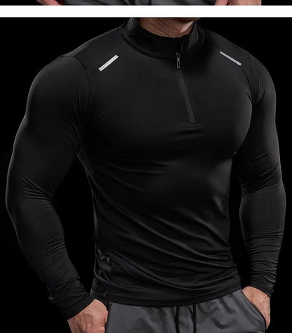 Men Long Sleeve Stand Collar Zipper T-shirt Gym Running Training Fitness Bodybuilding Sport Top Quality Elastic Tight Tops Tees