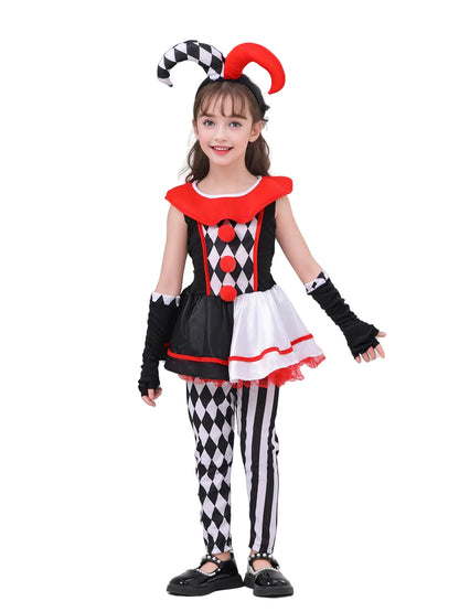 Girls Poker Pattern Jester Clown Cosplay Dress Outfit Kids Halloween Carnival Party Costume