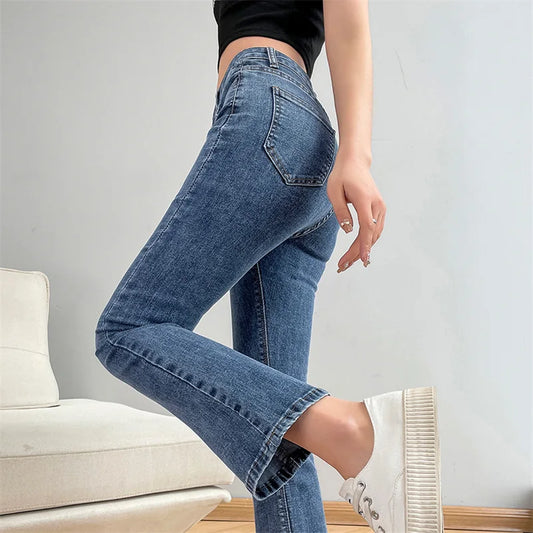 Women Fashion Flare Jeans Winter Streetwear Y2K Straight Pants Ankle Length Denim Jeans Girls Party Casual Retro Blue Trousers