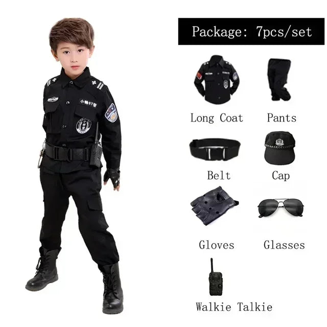 Nieuwe Cosplay Kids Politie Kostuums Kids Kerstfeest Carnaval Uniform Politie Halloween Jongens Leger Politie Kleding Cadeau Set