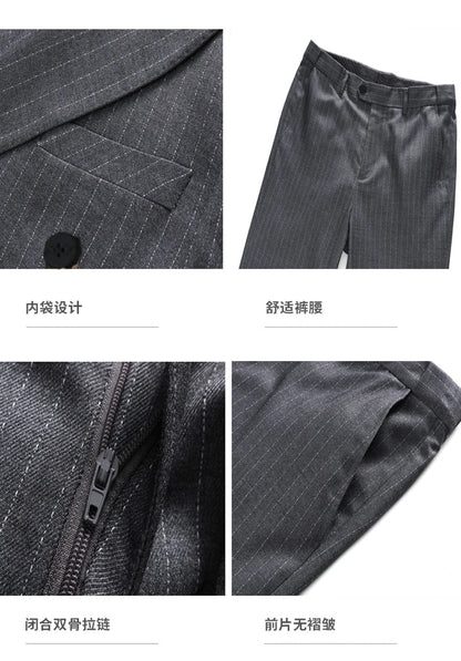S-7XL Autumn Style Suits Double-breasted Slim Men's Suits Striped Business Professional Casual Formal 2piece Set Groom Wedding