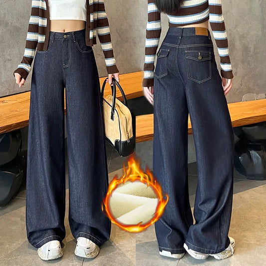 Wide Legs Fleece Jeans Women Winter Loose Velvet Casual Pants Comfortable Warm Straight Fashion Pocket Plush Denim Trousers