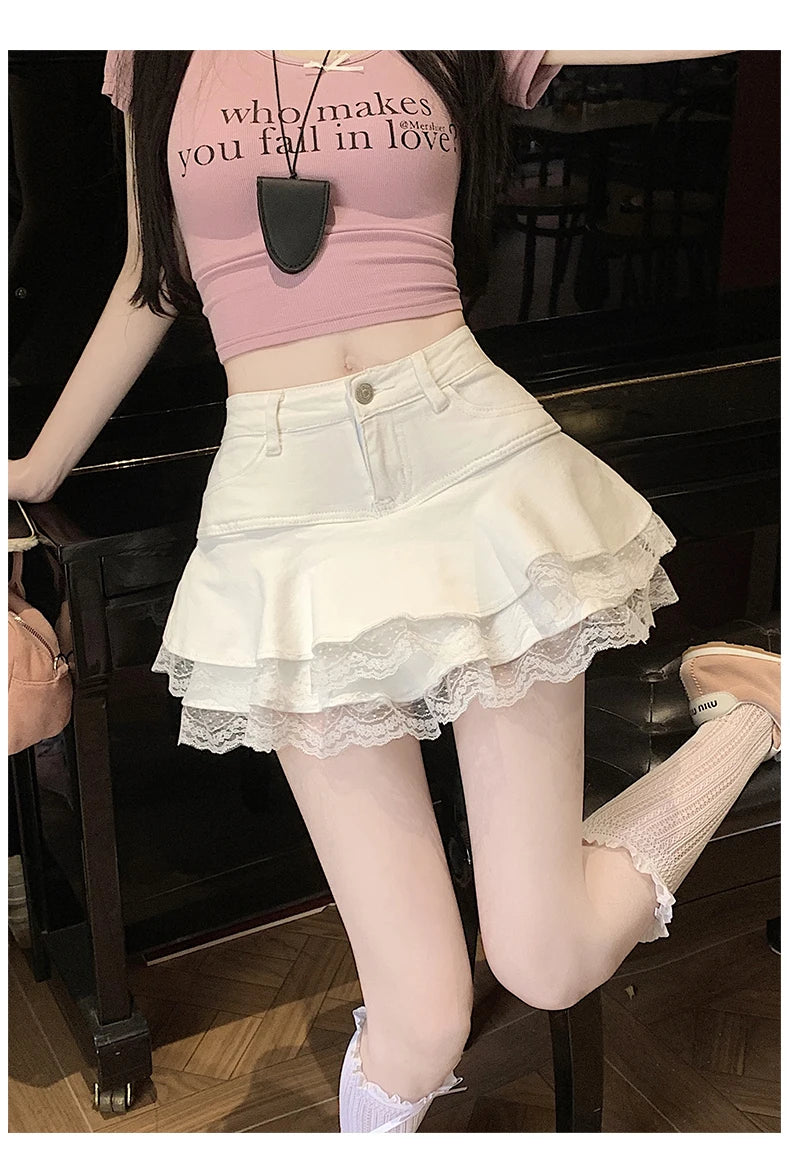 2025 Summer Mini Y2K Denim Skirt Women Fashion Streetwear Ruffles Kawaii Lace Skirts Shorts Preppy School Pleated Jeans Skirt
