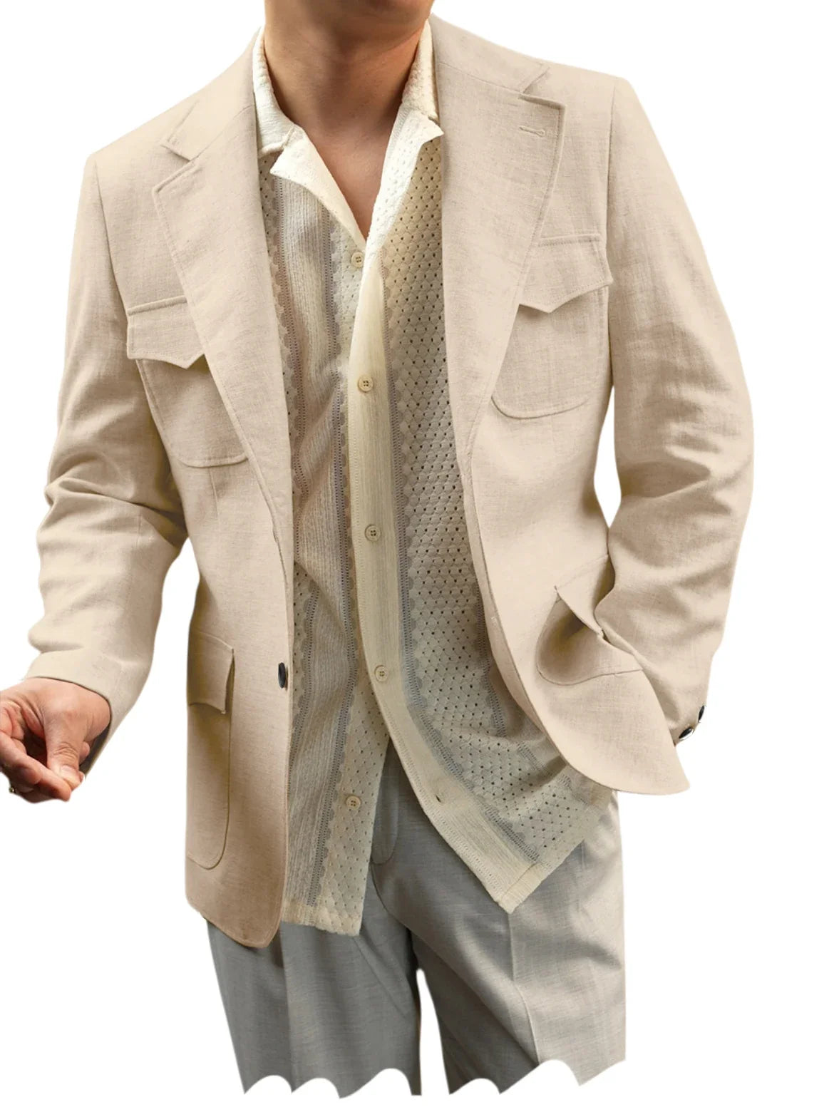 Classic Men's Linen Blazer Notched Lapel Slim Fit Breathable Elastic Suit Jacket with Flap Pockets for Wedding Prom Daily Wear