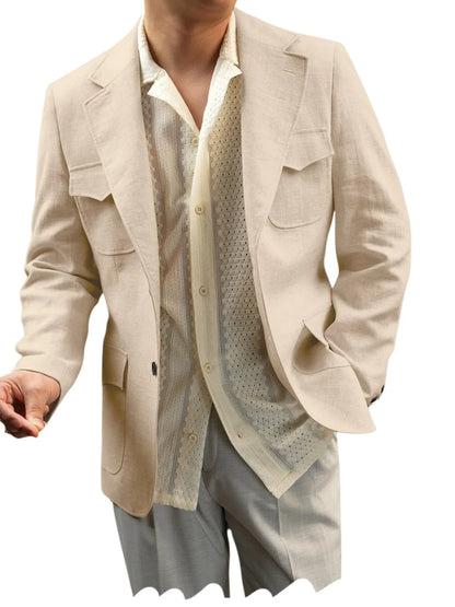 Classic Men's Linen Blazer Notched Lapel Slim Fit Breathable Elastic Suit Jacket with Flap Pockets for Wedding Prom Daily Wear