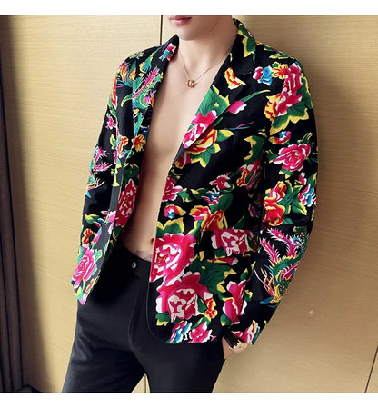 2026 Thin Men's Black Printed Suit Jacket, Asian Size V-Neck Single Button Blazer, Red Nostalgic Style Long Sleeve Cotton Coat.