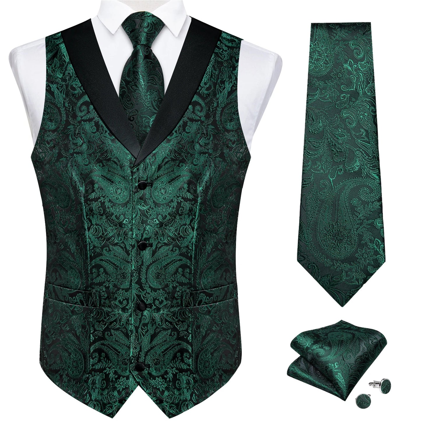 Men's Paisley  Suit Vest with Macthing Golden Paisley Neck Tie Handkerchief Cufflinks Wedding Prom Tuxedo Waistcoat