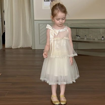 Girls Princess Dress Summer Kids French Sweet Sleeveless Bowknot Tulle Tutu Fluffy Birthday Party Pageant Dresses