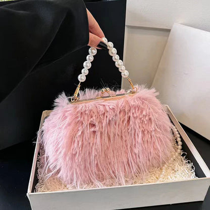Luxury Faux Fur Evening Bag Pearl Chain Trendy Long Tassel Plush Shoulder Bag Large Capacity Tote Wedding Handbag XA48ZZ