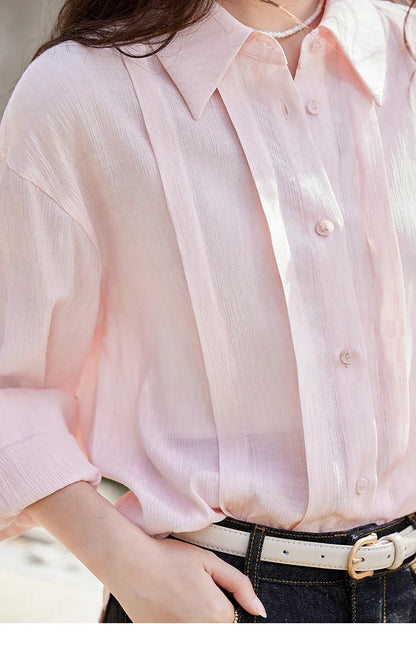 Solid Loose Fit Shirt for Women Spring 2025 Dropped Shoulder Long Sleeved  Top Casual Turn-down Collar Shirts MXE13C0405
