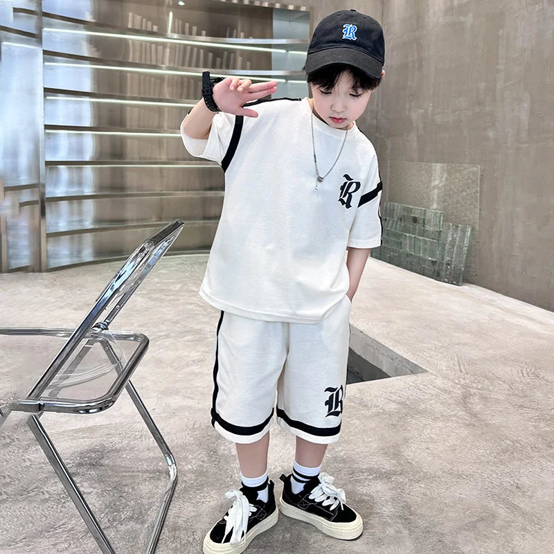 2025 Kids Summer Clothing Boys Top and Bottom Set Beige Black Color T-shirt Shorts 2PCS Tracksuit Set Teens Child Casual Outfit