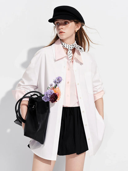 Women's French Loose Fit Cotton Shirt Long Sleeve Layering Top with Web Strap Detail Casual Oversized Blouse